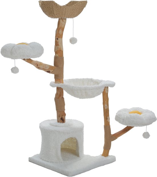 Witte kattenkrabpaal met bloemvormige ligplekken, natuurlijke boomstam en mandvormige zitplaatsen. Met een witte voerbak en een ronde speelbal.
