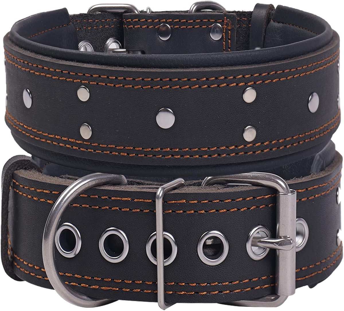 Hondenhalsband met klinknagels, extra dik gevoerd en 5 cm breed, robuust, zacht echt leer, bijzonder duurzaam, voor middelgrote, grote en zeer grote hondenrassen (zwart, XL)
