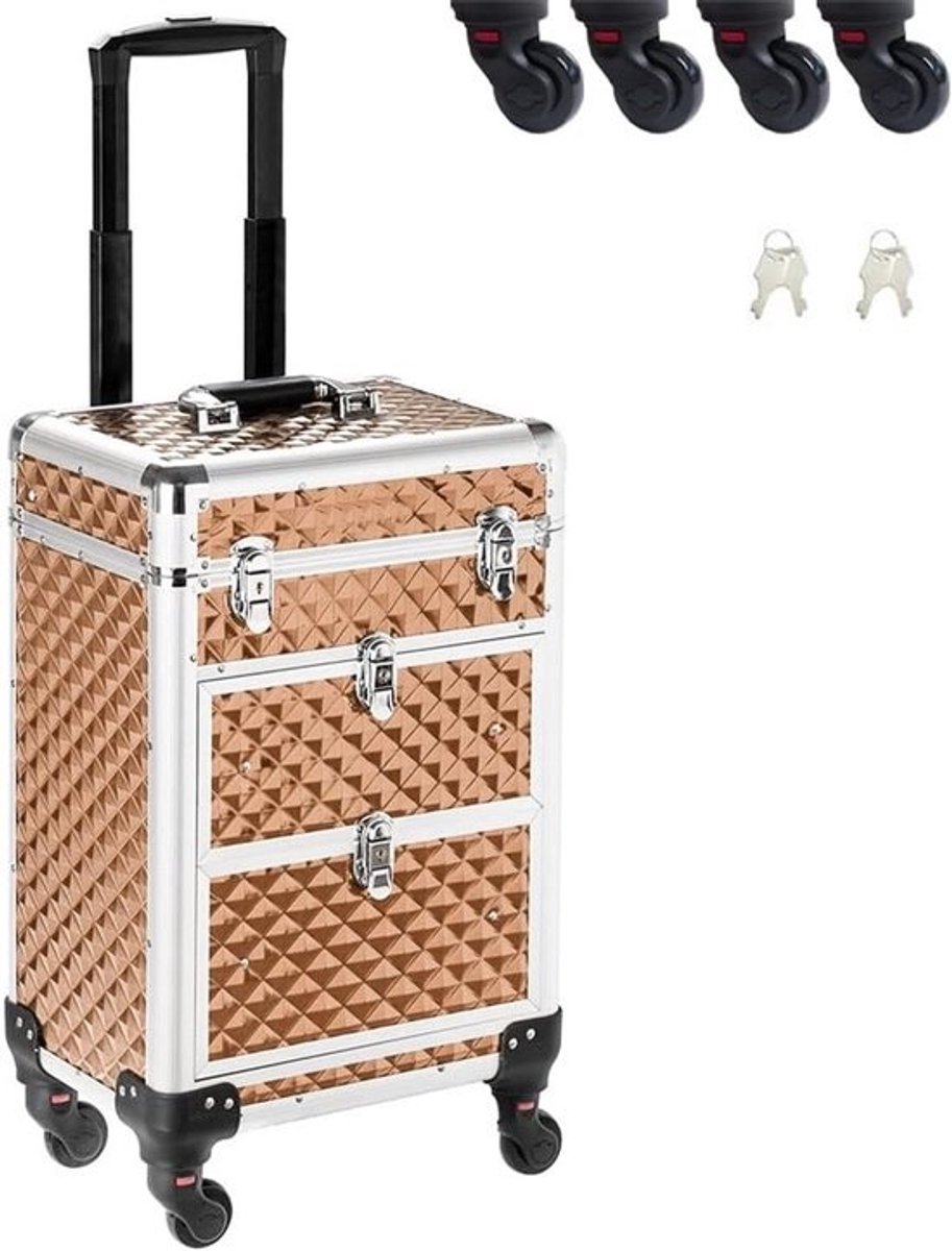 Professionele make-upkoffer met afneembare wielen en schuim beklede vakken voor schoonheidsspecialisten