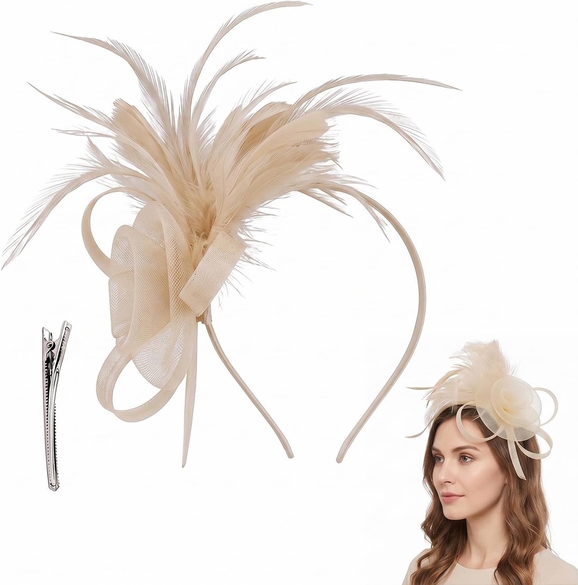 Fascinator-haarclip, vintage kant, veer, netmuts, bruiloften, cocktail, tuinfeest, één maat, beige