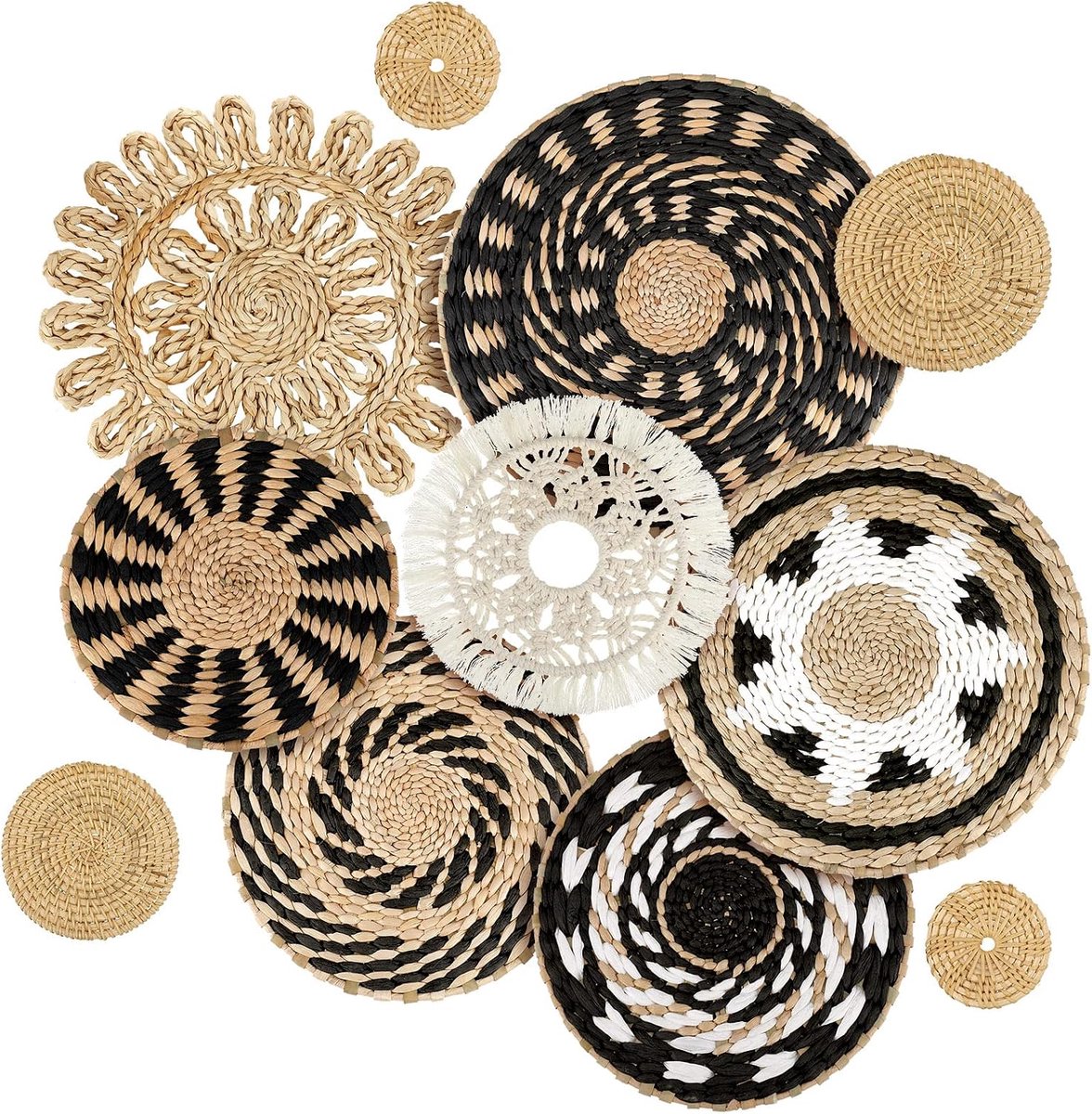 11 Stuks Boho Muur Mand Decor, Decoratieve Lisdodde, Geweven Mand, Muurdecor, Kunst, Ronde Boerderij Opgehangen Manden voor Keuken, Rustiek, Thuis, Zomerdecoraties, Meerdere Maten, Boheems