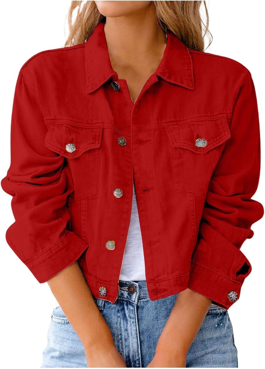 Dames revers met knopen, lange mouwen, zakken, denim, overhemd, jeansjas, tienermeisjes, mantel (rood, M)
