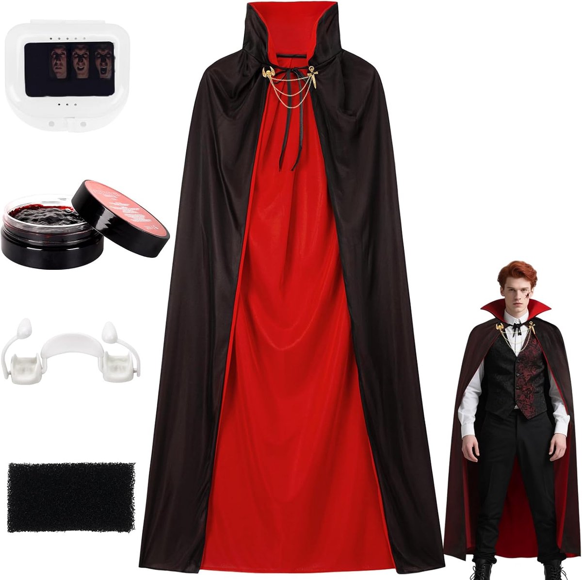 Vampierkostuum voor jongens, 90/120 cm Koninklijk vampierkostuum met nepbloed, vampiertanden en make-upspons, zwart-rood Dubbelzijdig Dracula Vampiermantel Jongen Meisje Halloween Carnaval Cosplay