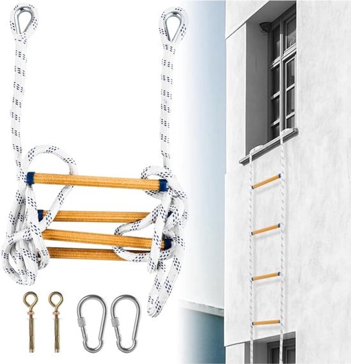 Allecto Plus - Draagbare Brand Ladder 2 meter - Veiligheidsladder voor Volwassenen - met Karabijnhaken - Reddingsladder voor Buiten - Balkonraam Leuning - Draagvermogen tot 300 kg