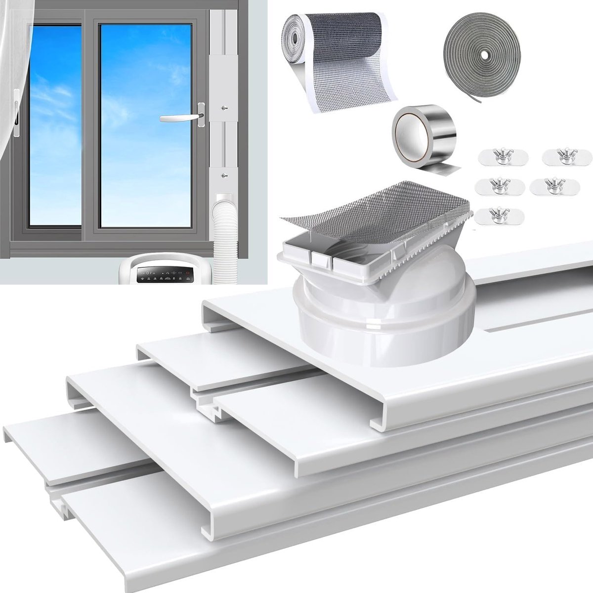 Airconditioning-raamset, universeel, verstelbare lengte van 64,8 cm tot 119,4 cm, schuifraam, AC-ontluchtingsset