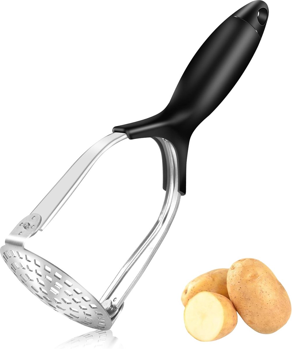 Aardappelstamper van roestvrij staal, aardappelstamper met rubberen handgreep, keukenstamper, groentestamper, aardappelpers, potato-masher voor vaatwasmachinebestendig