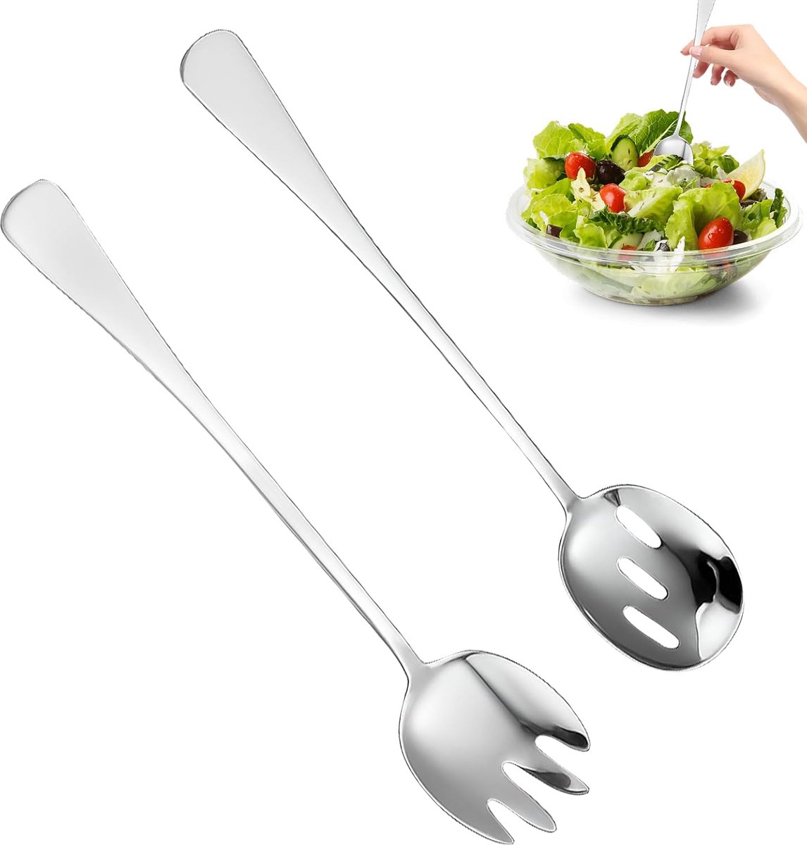 2 stuks 28 cm slabestek roestvrij staal, grote serveerlepel, slavork, lepel, roestvrij staal, slalepel, hoogglans gepolijst saladebestek voor familie, hotels, restaurants