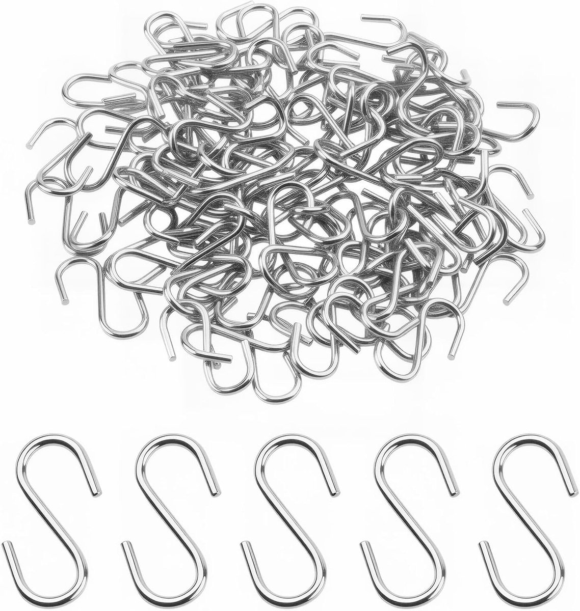 S-haken, 304 roestvrijstalen S-haken, set van 100 zware S-haken voor het ophangen van sleutels, sieraden, lichtgewicht tassen en decoraties, handig en gemakkelijk te gebruiken