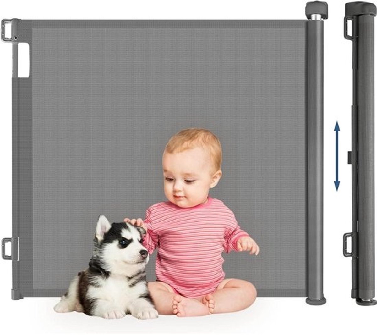 Intrekbare traphek 180 cm extra breed bediening met één hand veiligheidshek voor baby's en huisdieren grijs binnen buiten.