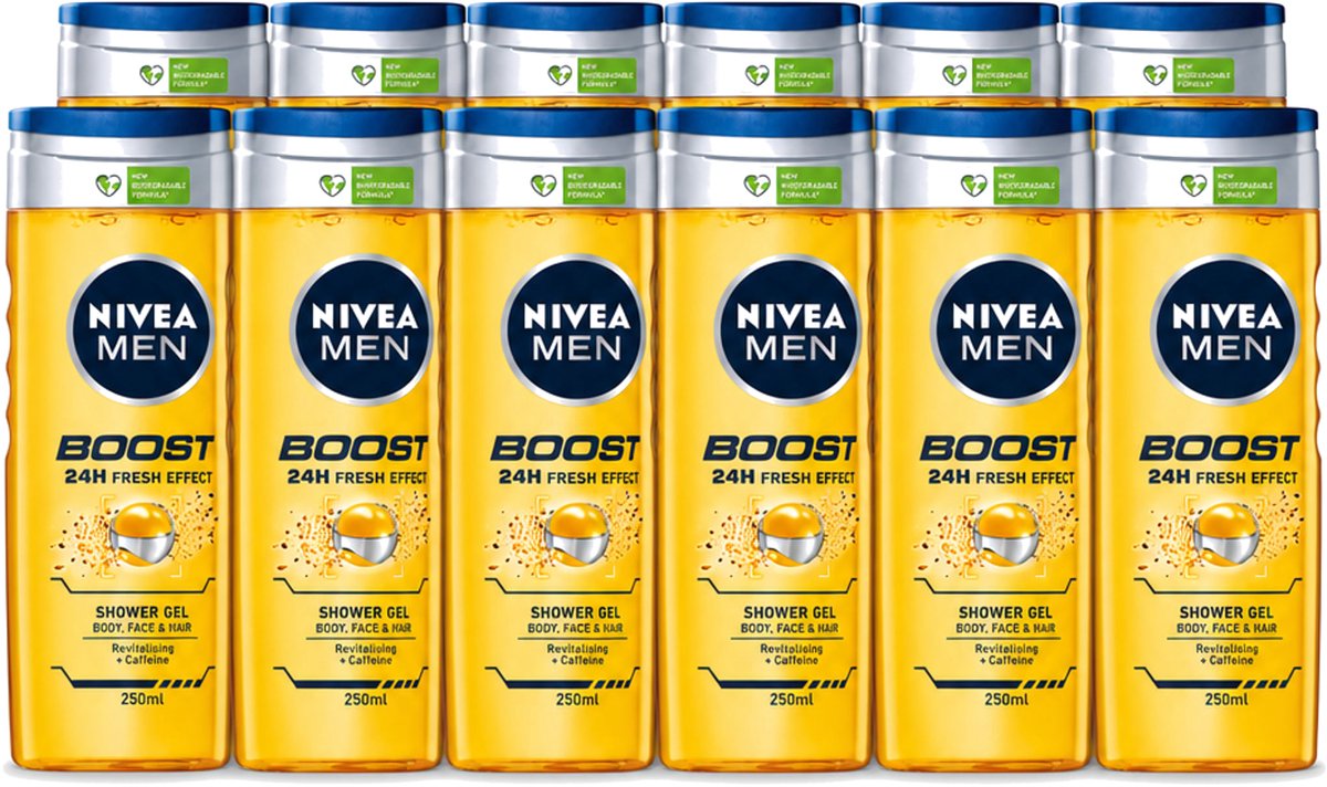 12 x Nivea - Men - Boost Douchegel - 24 Uur Lang Effect - 250 ml - Voordeelverpakking - 12 stuks