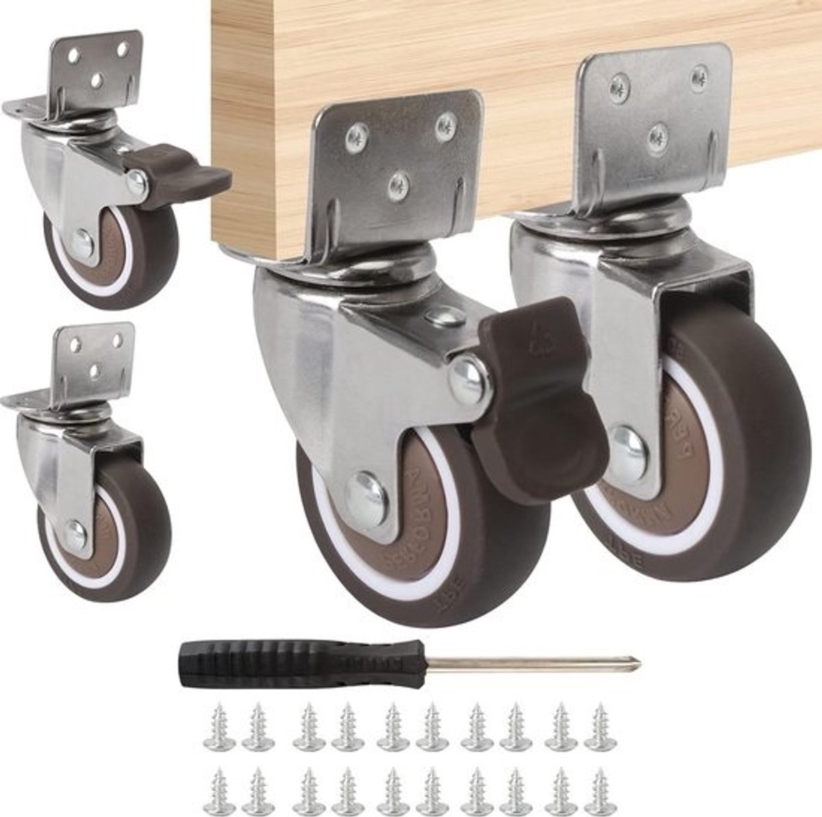 Transportwielen 50 mm - set van 4 - zware meubelwielen met rem - 360 graden zwenkwielen - 100 kg draagkracht - stil - binnen en buiten gebruik - inclusief schroeven en schroevendraaier