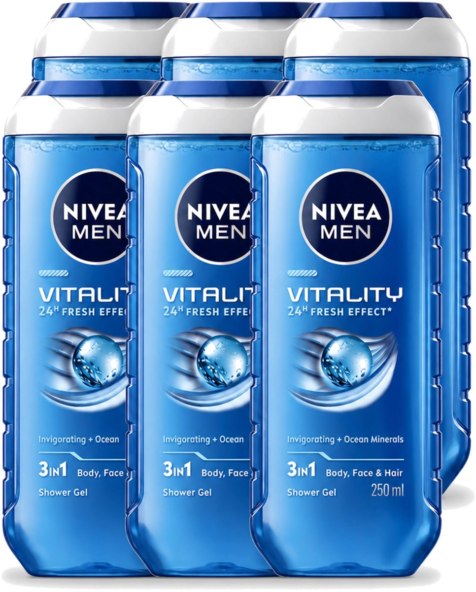 6 x Nivea Men – Douchegel – Vitality 3-in-1 – 250 ml - Voordeelverpakking - 6 stuks