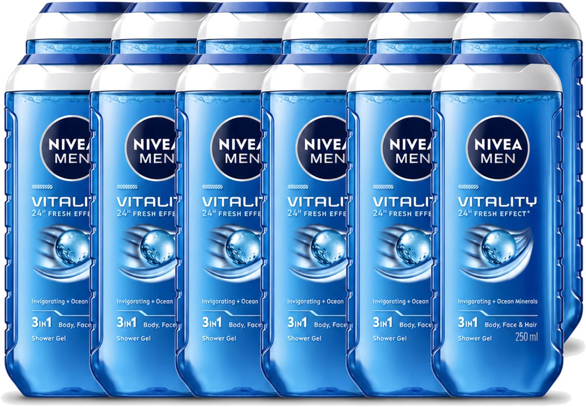 12 x Nivea Men – Douchegel – Vitality 3-in-1 – 250 ml - Voordeelverpakking - 12 stuks