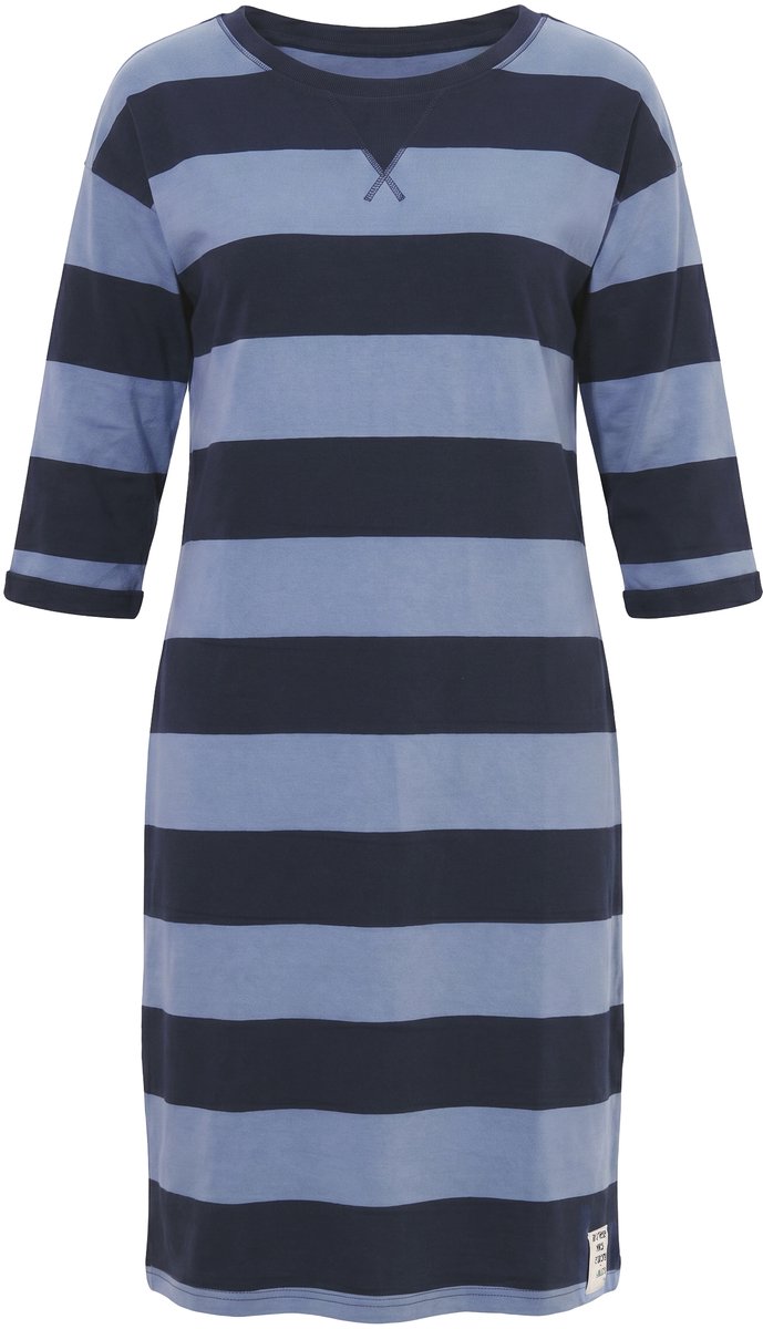 Ulla Popken - Dames - Sweatjurk strepen ronde hals 3/4-mouwen biologisch katoen - Marine - Maat 42+