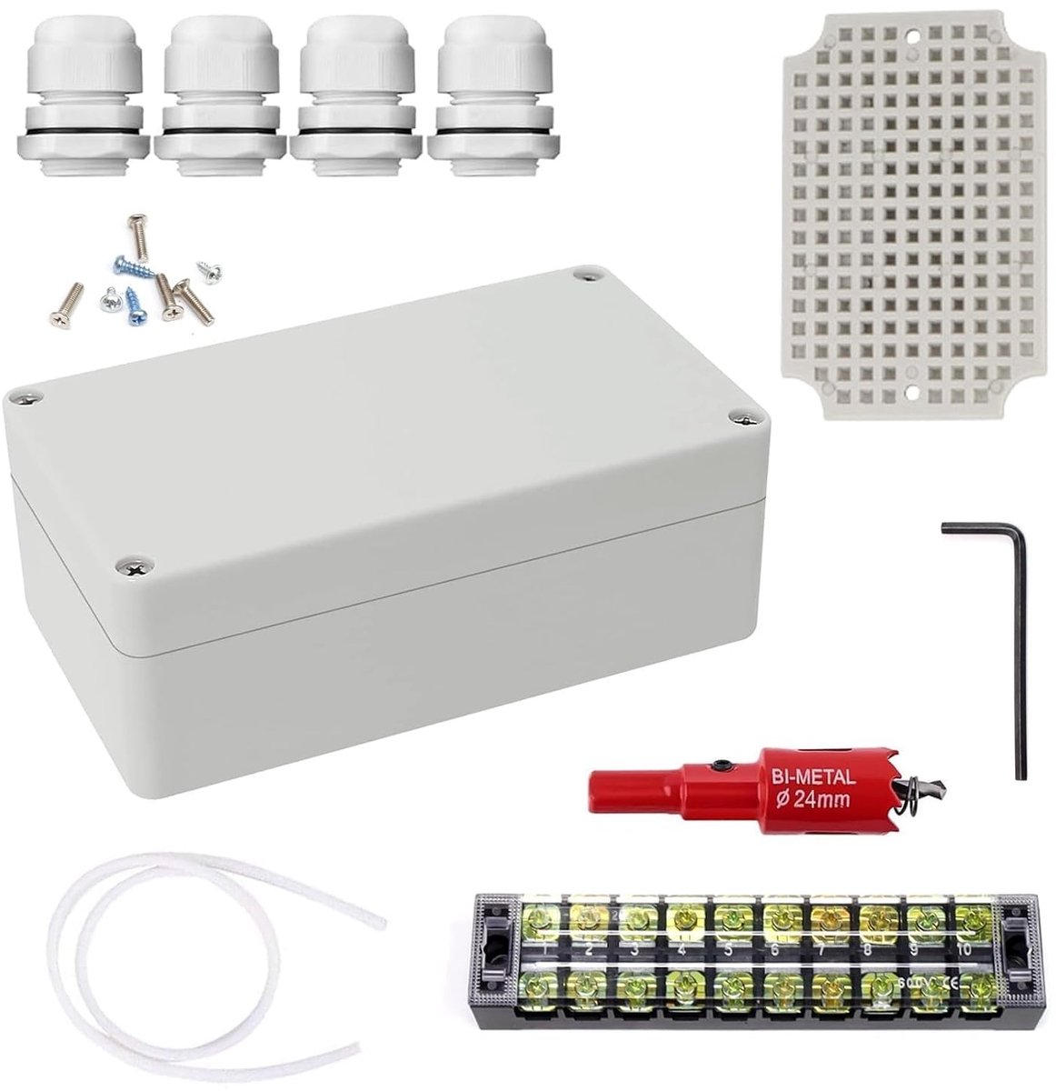 Waterdichte aansluitdoos 200 × 120 × 75 mm, IP66, voor kabels ø12-15 mm, met bevestigingsaccessoires en klemmen
