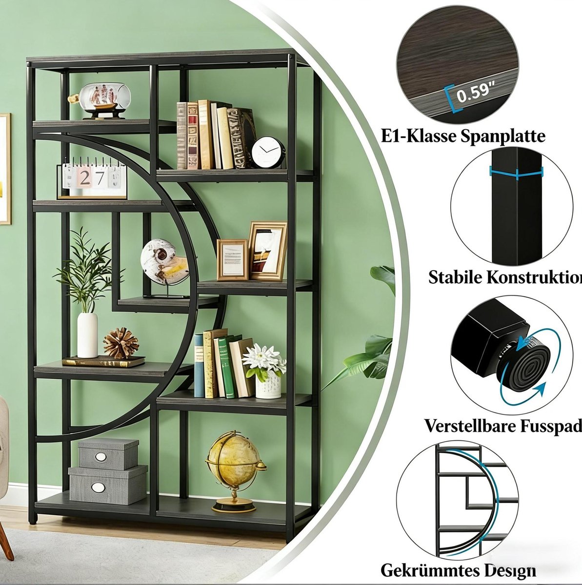 MEUNIQ Boekenkast met 9 open vakken - vrijstaand displayrek met halfrond ontwerp, zwart metalen frame en houtlook planken voor woonkamer of thuiskantoor