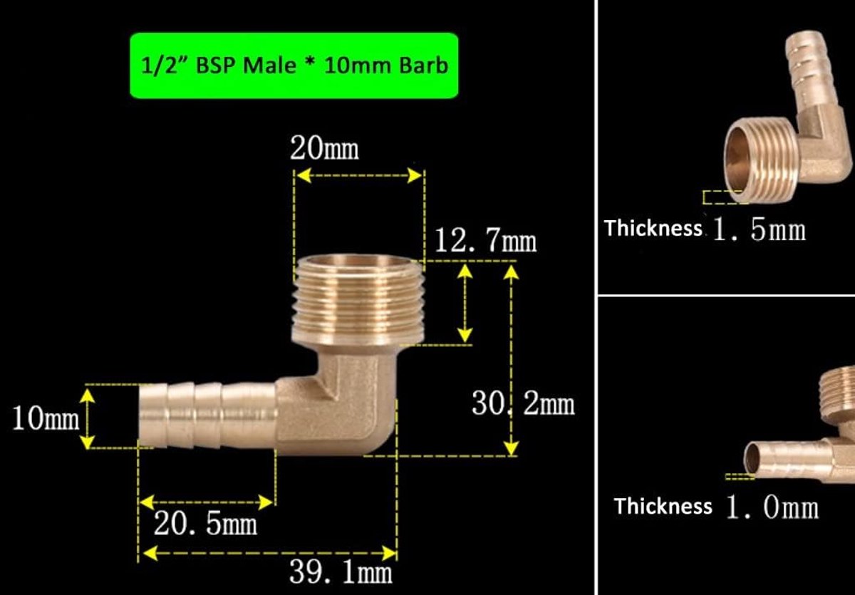 90 Graden Messing Elbow Bevestiging, 1/2" BSP NPT Mannelijk Draad x Slang Barb 10mm, Slangverbinder en Fitting voor Tuin en Industrie