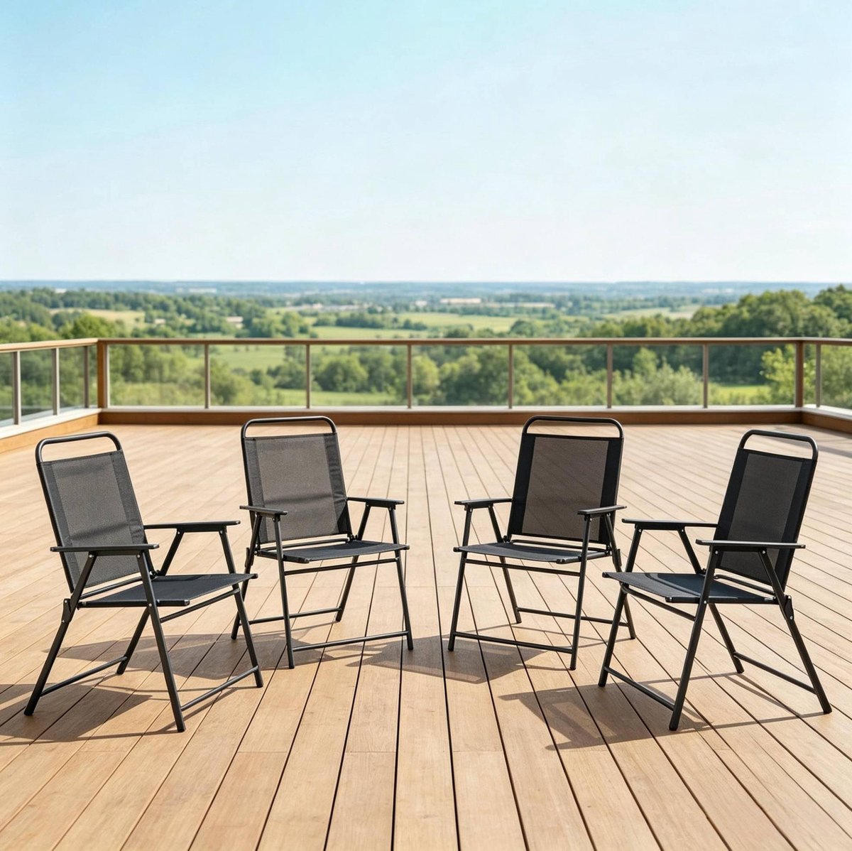 REDOM Inklapstoel - Set van 4 - Hoge rugleuning met armleuningen - Inklapbaar - Stalen frame - Textilene - Zwart - 65 x 60 x 94 cm