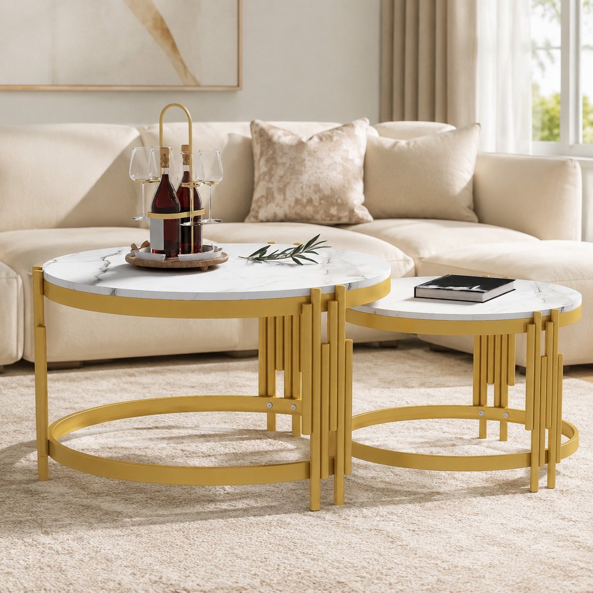 MEUNIQ ronde salontafelset van 2 – nestbare koffietafels met wit marmerlook MDF-blad en antiek messingkleurig metalen frame voor woonkamer