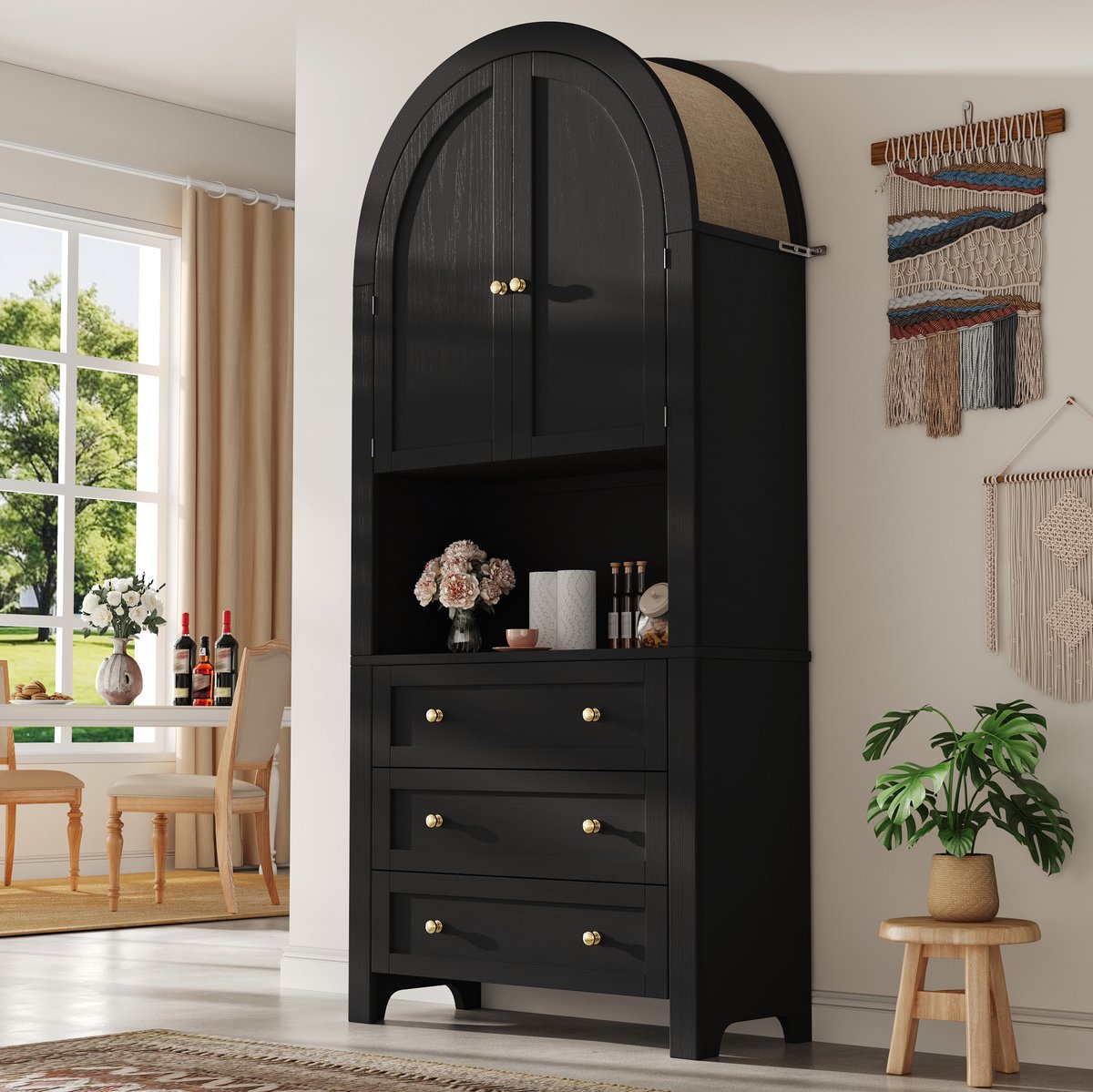 MEUNIQ Hoge opbergkast 70 x 35 x 180 cm met boogvormige bovenkant, 3 lades, dubbele deuren en open vak voor keuken of woonkamer - zwart