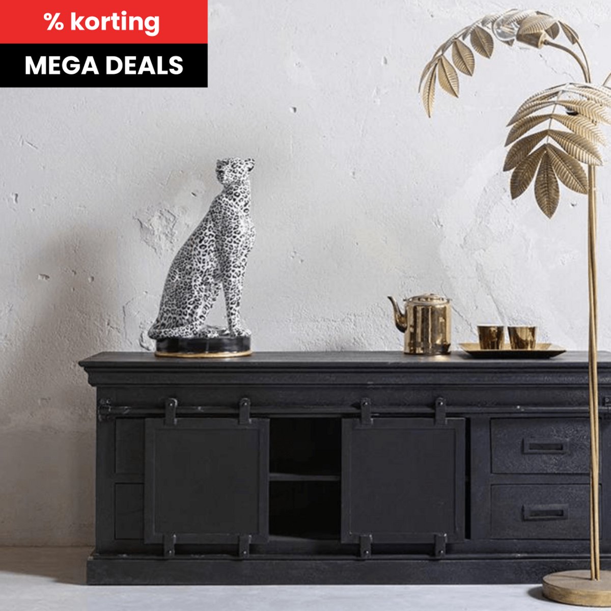 Mangohouten TV Meubel Portland Black 220 cm Mahom Industrieel - TV Meubel van Mangohout & Metaal - Industriële TV Meubel