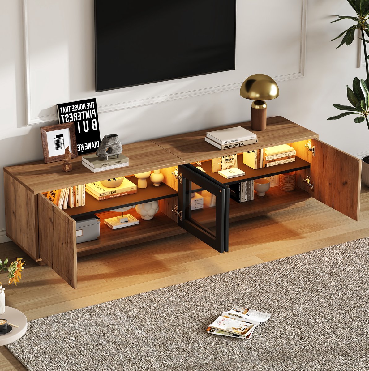 MEUNIQ TV-meubel 180 x 40 x 45 cm met 4 deuren, gehard glazen deuren, app-gestuurde LED-verlichting en opbergruimte voor woonkamer, naturel en zwart Naturel houtkleur
