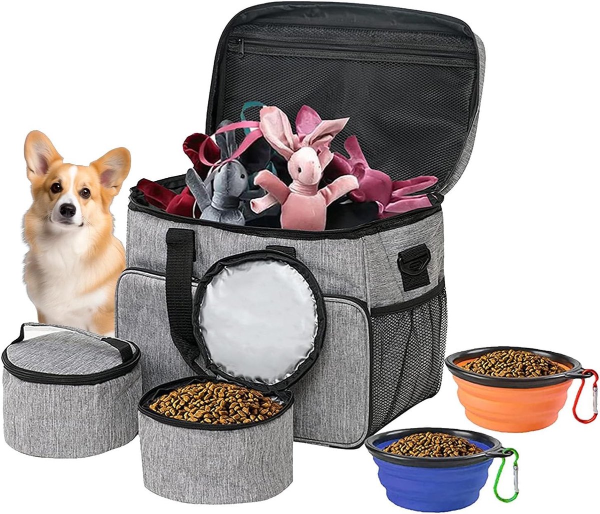Grote Reisbag voor Honden met Organizer, Inclusief 2 Voerbakken en Opvouwbare Kattenbakken, Ideaal voor Huisdieren onderweg