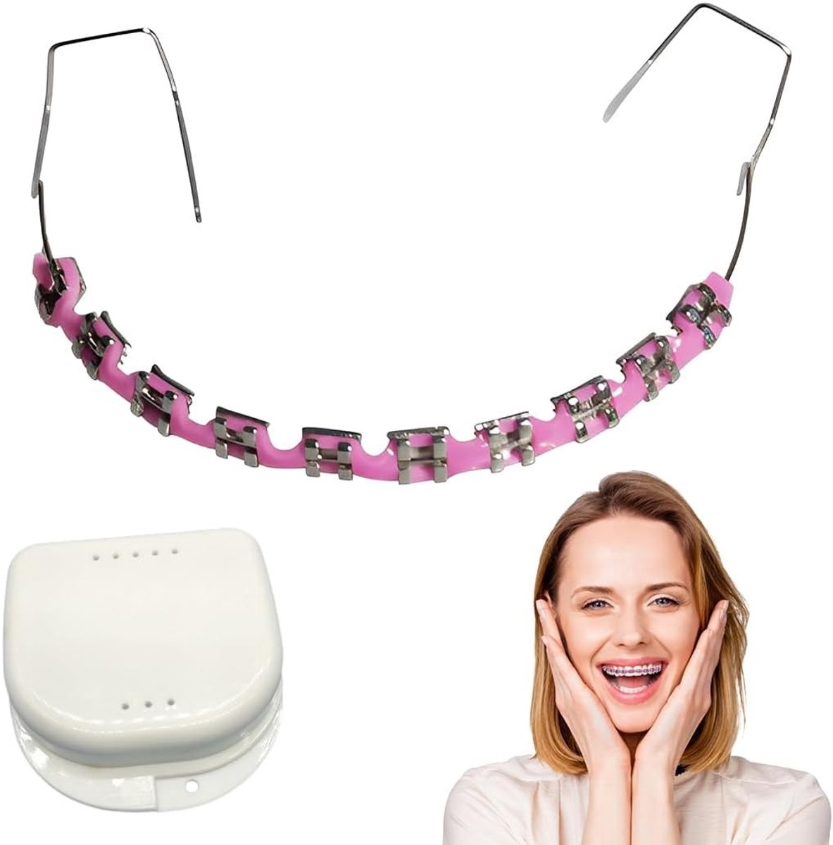 Fake bracket set met witte opbergdeksel voor het corrigeren van tanden en het verbeteren van de tanduitlijning, roze kleur
