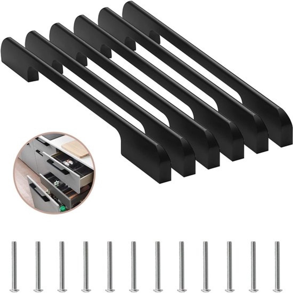 Zwarte Aluminium Handgrepen voor Keuken en Meubels - 6 Stuks, 192mm, Inclusief Schroeven voor Laden en Kasten