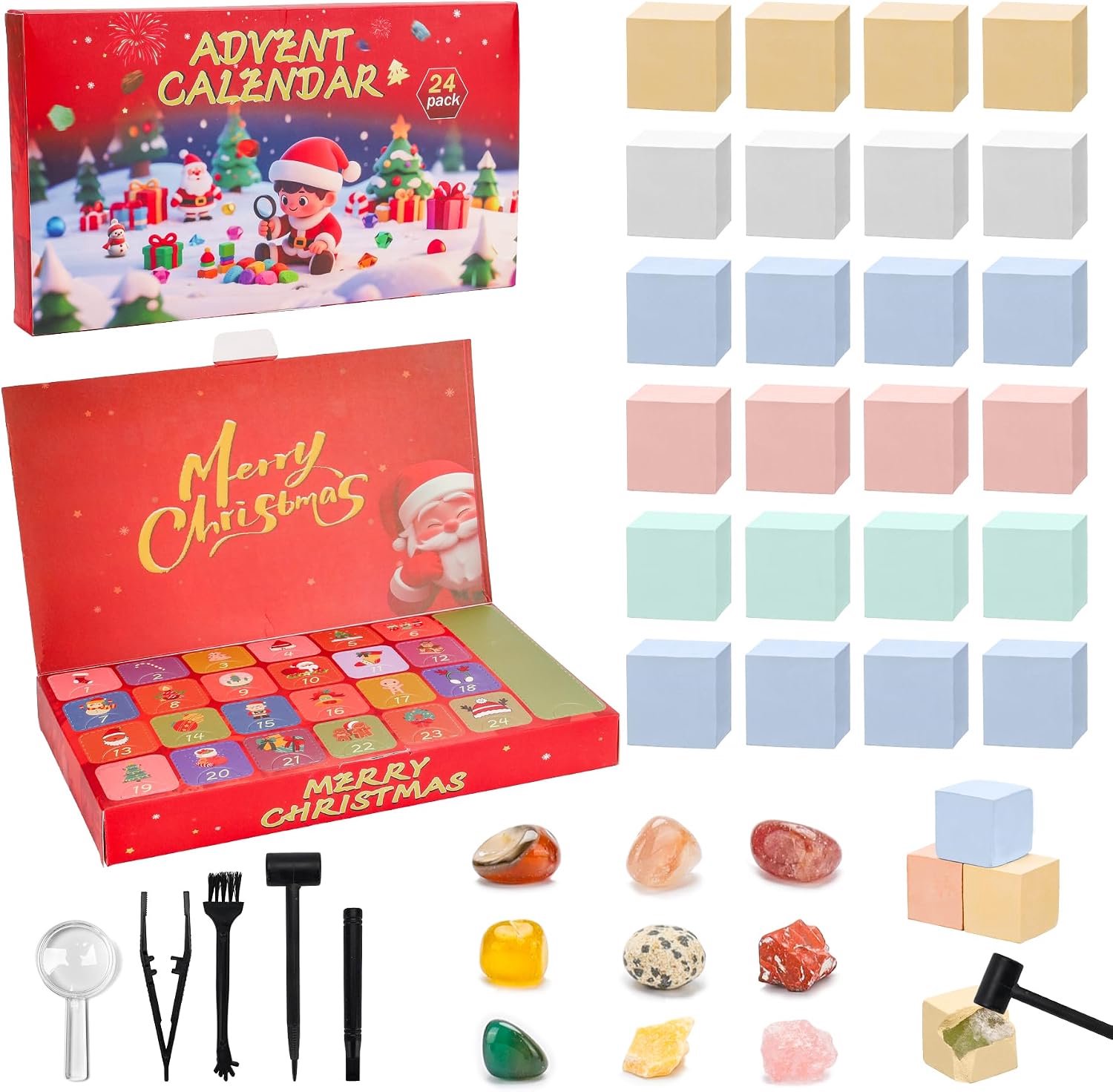 Adventskalender 2026 – Archeologische kerst-verrassingsdoos – 24-delige opgravingsset met edelstenen en gereedschap – Creatieve schattenjacht voor kinderen