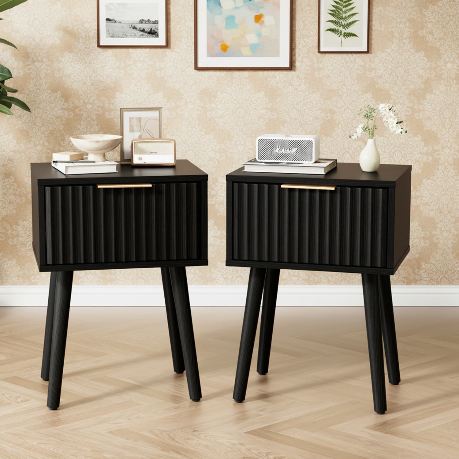 LEADZM Set van 2 Nachtkastjes met 1 lades - Zwart - 40 x 30 x 55 cm
