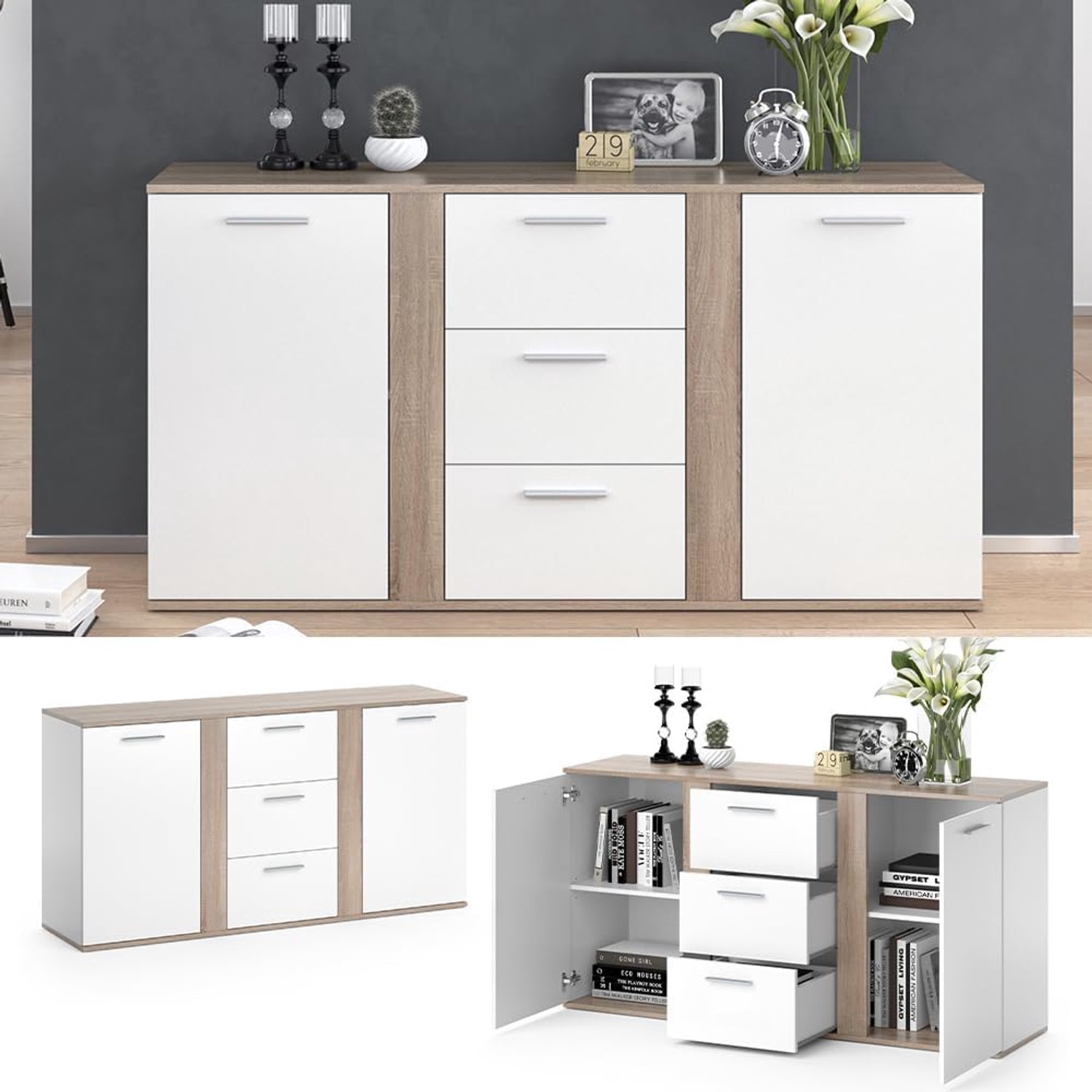 Novelli Dressoir met 3 Lades 155 x 40 x 80 cm Sonoma Eikenlook Modern Opbergkast met Melaminecoating voor Woonkamer en Slaapkamer