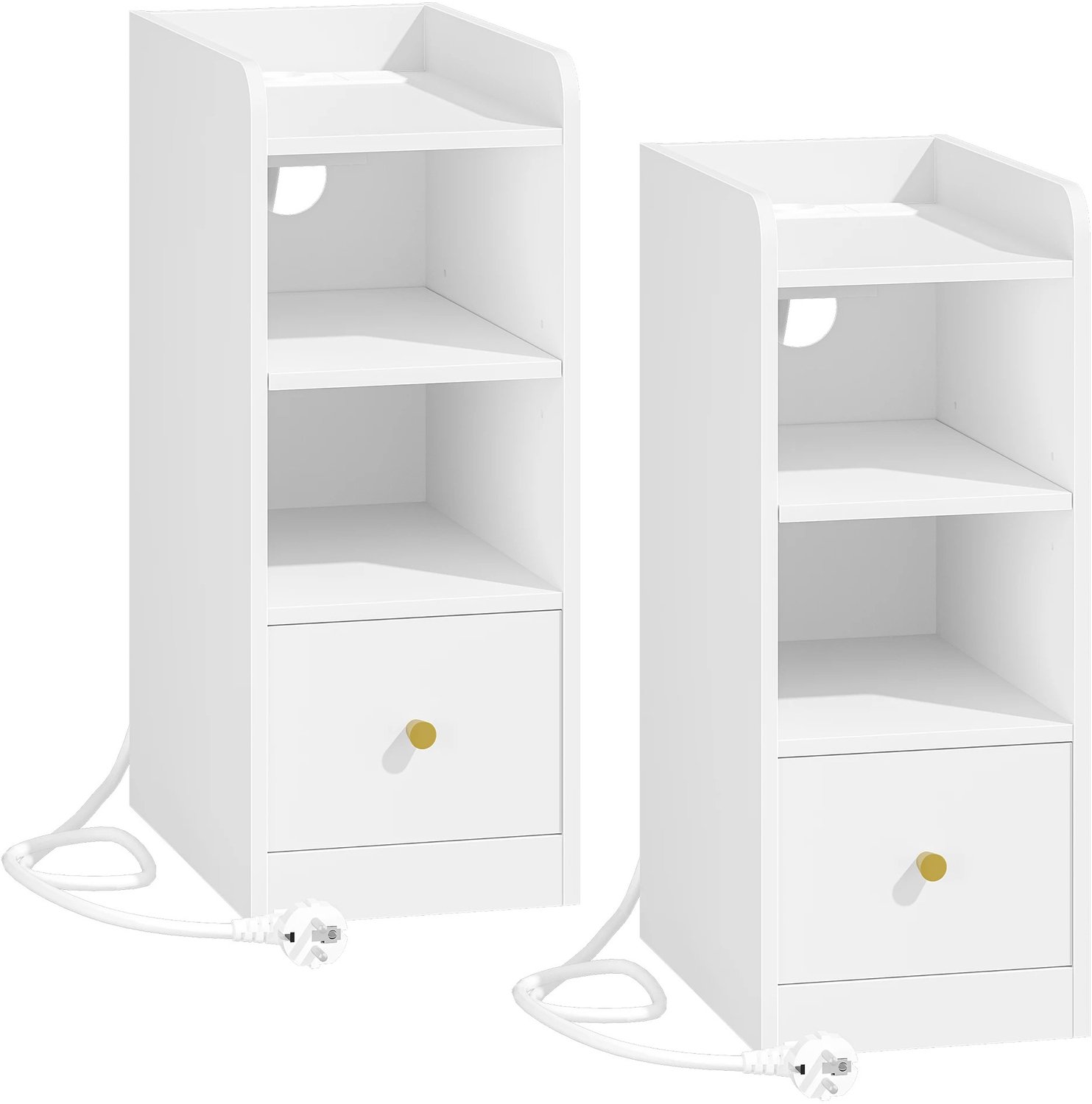 Tremeo Nachtkastjes - Set van 2 - Nachtkastje met oplaadstation - Bijzzettafel - Verstelbare opbergplanken - Wit - 38x24x60 cm