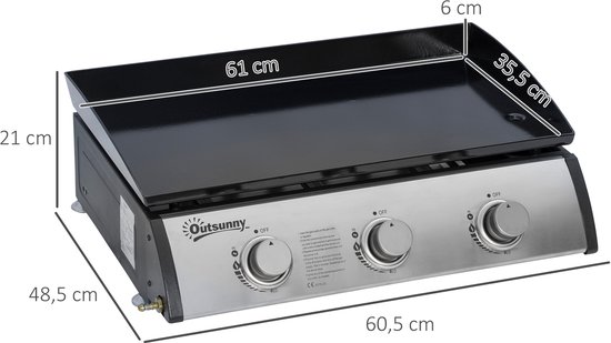 Plancha-grill-draagbaar-met 3 branders (50 mbar)-DE+AT incl. regelaar en vetopvangbak-kleine grill voor balkon-terras-tuin-mini-gasgrill voor thuis-camping — afbeelding 2