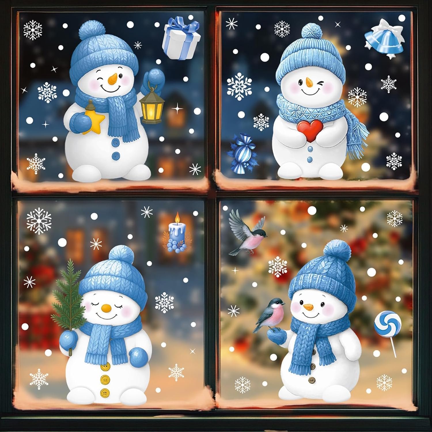 Kerstraamstickers – Schattige sneeuwpop en sneeuwvlok – Herbruikbare, dubbelzijdige statische raamstickers voor winter- en kerstdecoratie (4 vellen)