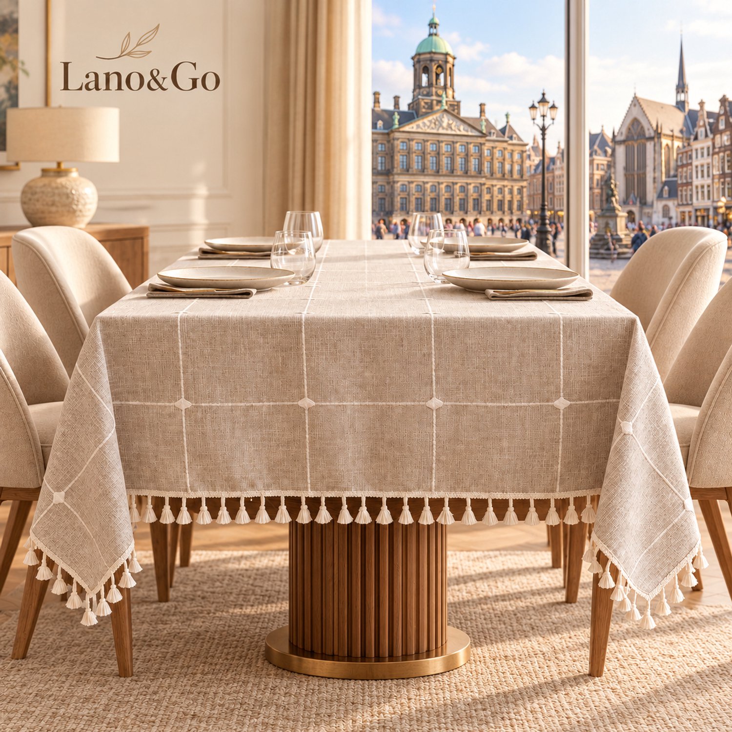 Lano&Go Tafelkleed afwasbaar katoen/linnen met franjes geruit beige 100 x 160 cm