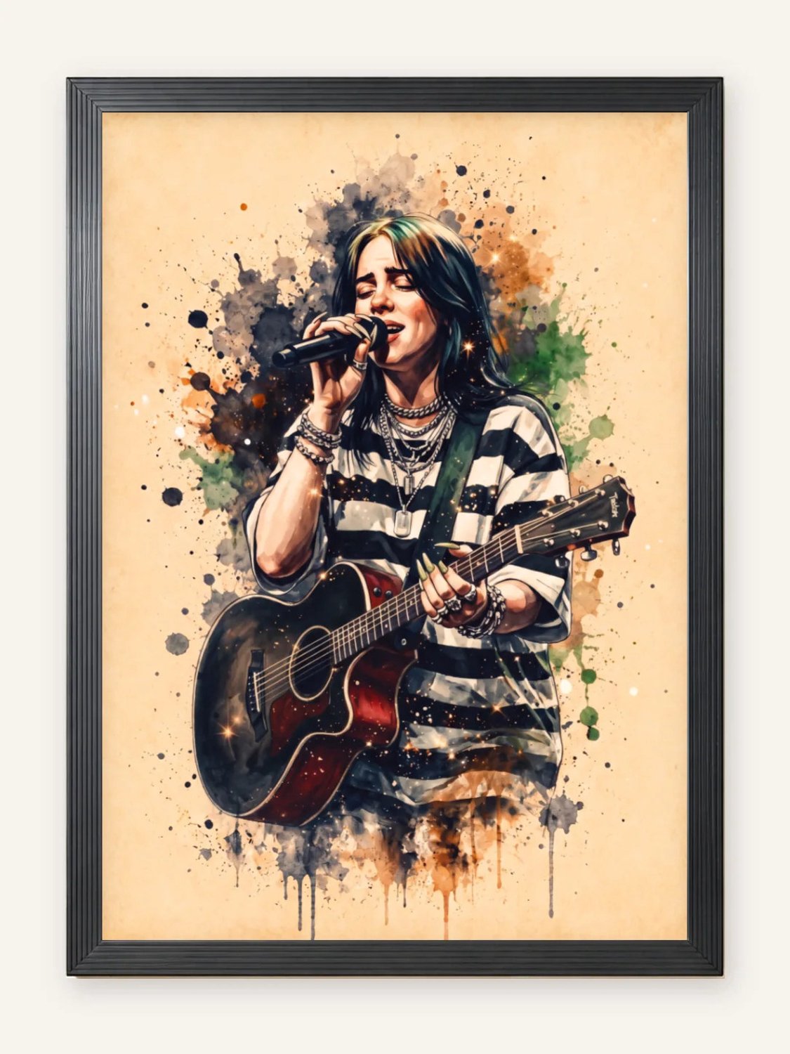Billie Eilish Poster Watercolor Art | Aquarel Muziekposter | Inclusief Zwarte A4 Lijst