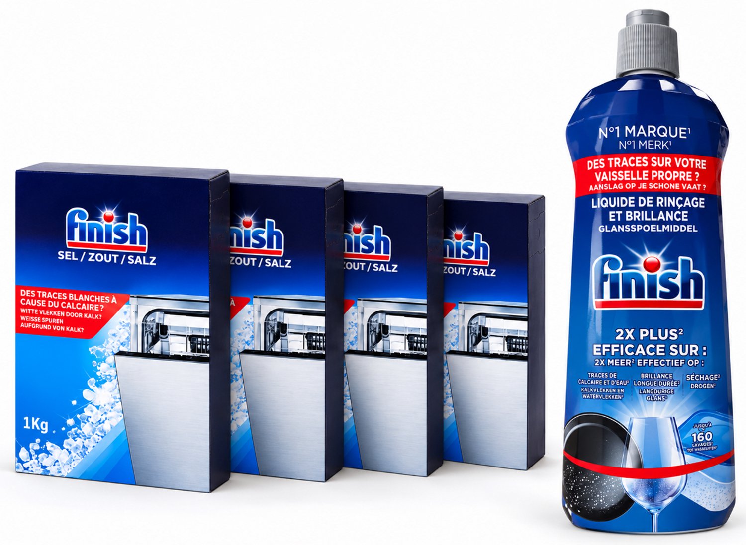 Finish Vaatwaszout 4x 1 kg + Finish Glansspoelmiddel 800 ml – Tegen Kalkaanslag en Watervlekken – Voor een Schone en Glanzende Vaat