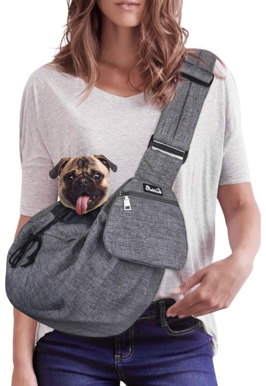 Draagdoek voor huisdieren, hondenpapoose handvrije draagtas voor puppykatten met ondersteuning aan de onderkant, verstelbare gevoerde schouderriem en tasopening, voorvak met ritssluiting,