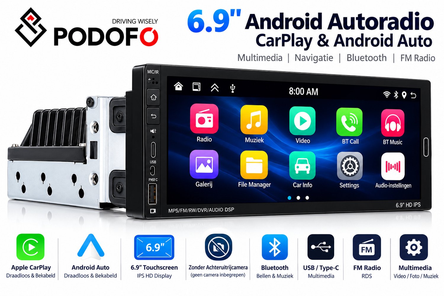 Autoradio 1 DIN 2G+64G, Podofo 6,9 inch touchscreen autoradio met DAB+, Bluetooth/FM/RDS/Navi//WiFi, Android autoradio