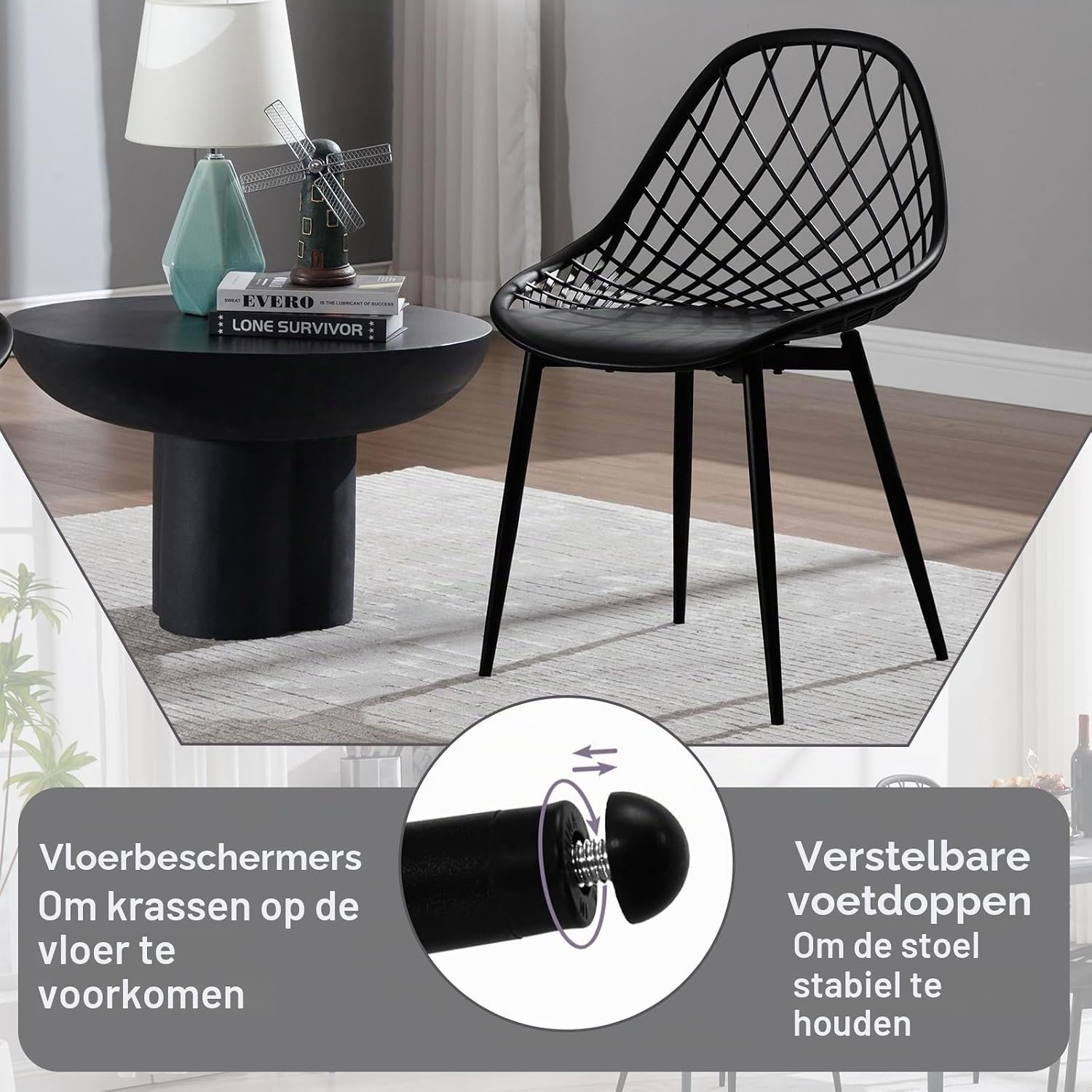 Scandinavische Eetkamerstoelen Nordik Set van 4 – Zwarte Keukenstoelen met Ergonomische Open Rugleuning, Kunststof PP-zitting en Metalen Poten, Belastbaar tot 150 kg, 43,5 x 52 x 83,5 cm