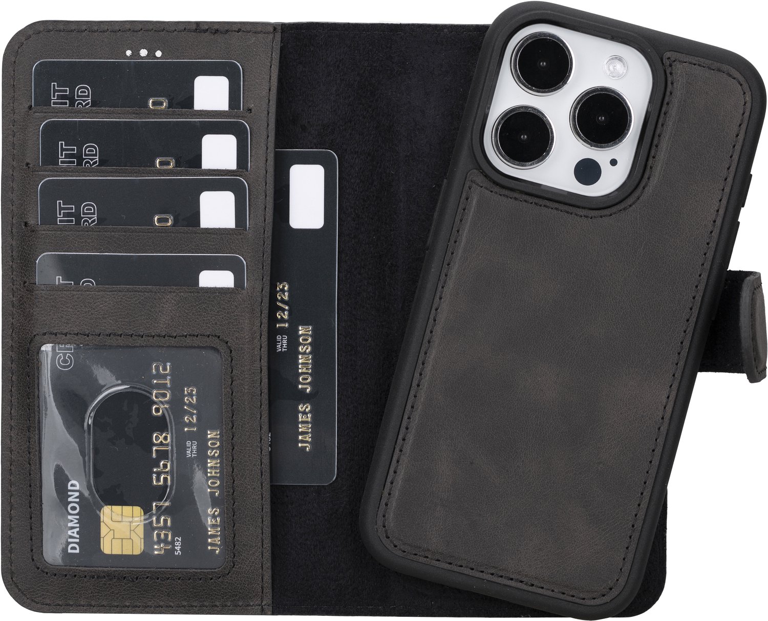 Lykke iPhone 15 Pro Hoesje - Echt Leren Wallet Case - MagSafe Compatibel - Pasjeshouder - Uitneembare Backcover - Zwart
