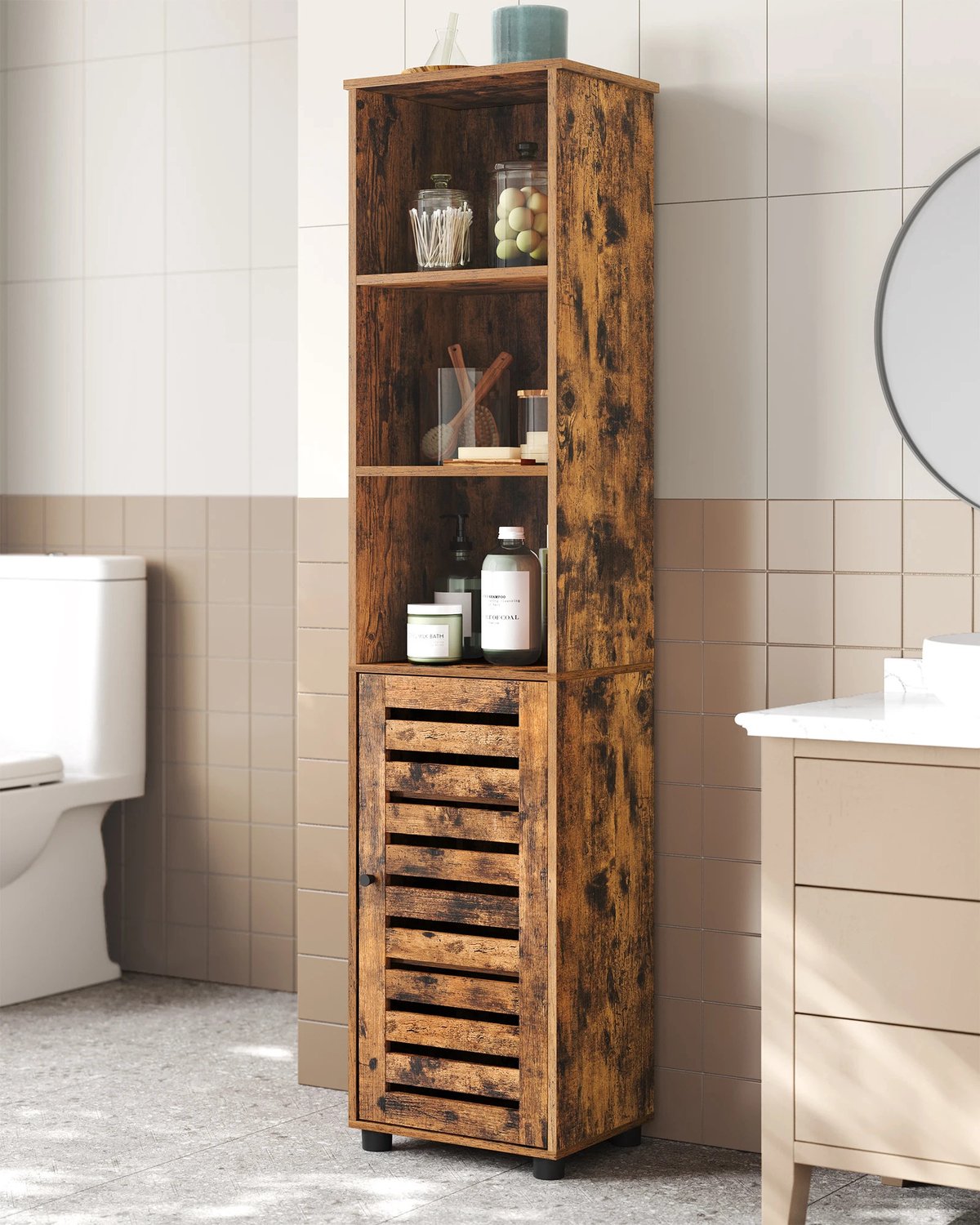 Gudalio Badkamerkast - Kolomkast - Opbergkast - Badkamermeubel - Kast - Verstelbare Planken - Hoog - 30x40x167 cm - Hout - Bruin