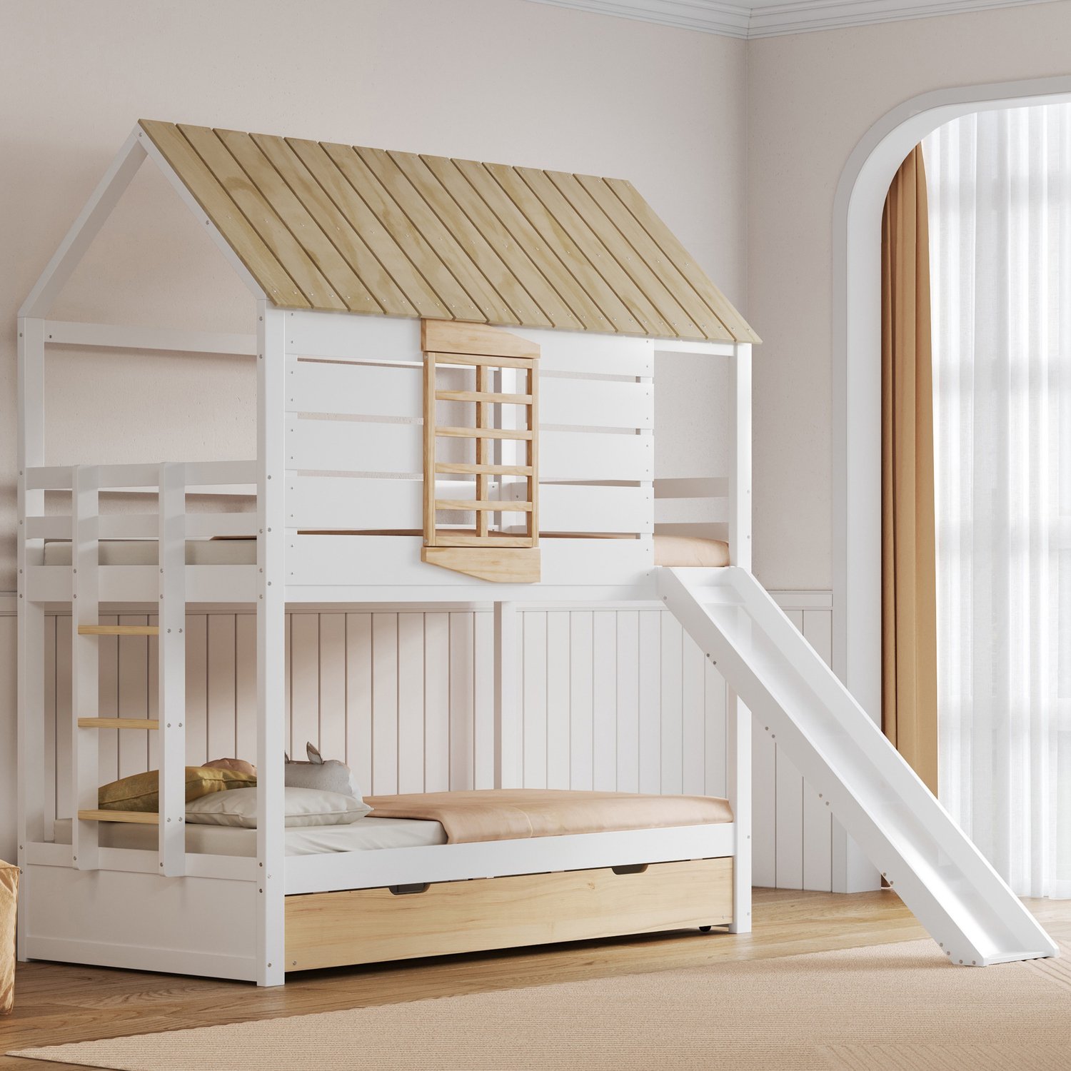 Kinderbed, Eenpersoonsbed, 90X200 Huis-stapelbed met glijbaan en uitschuifbed, Wit+Naturel
