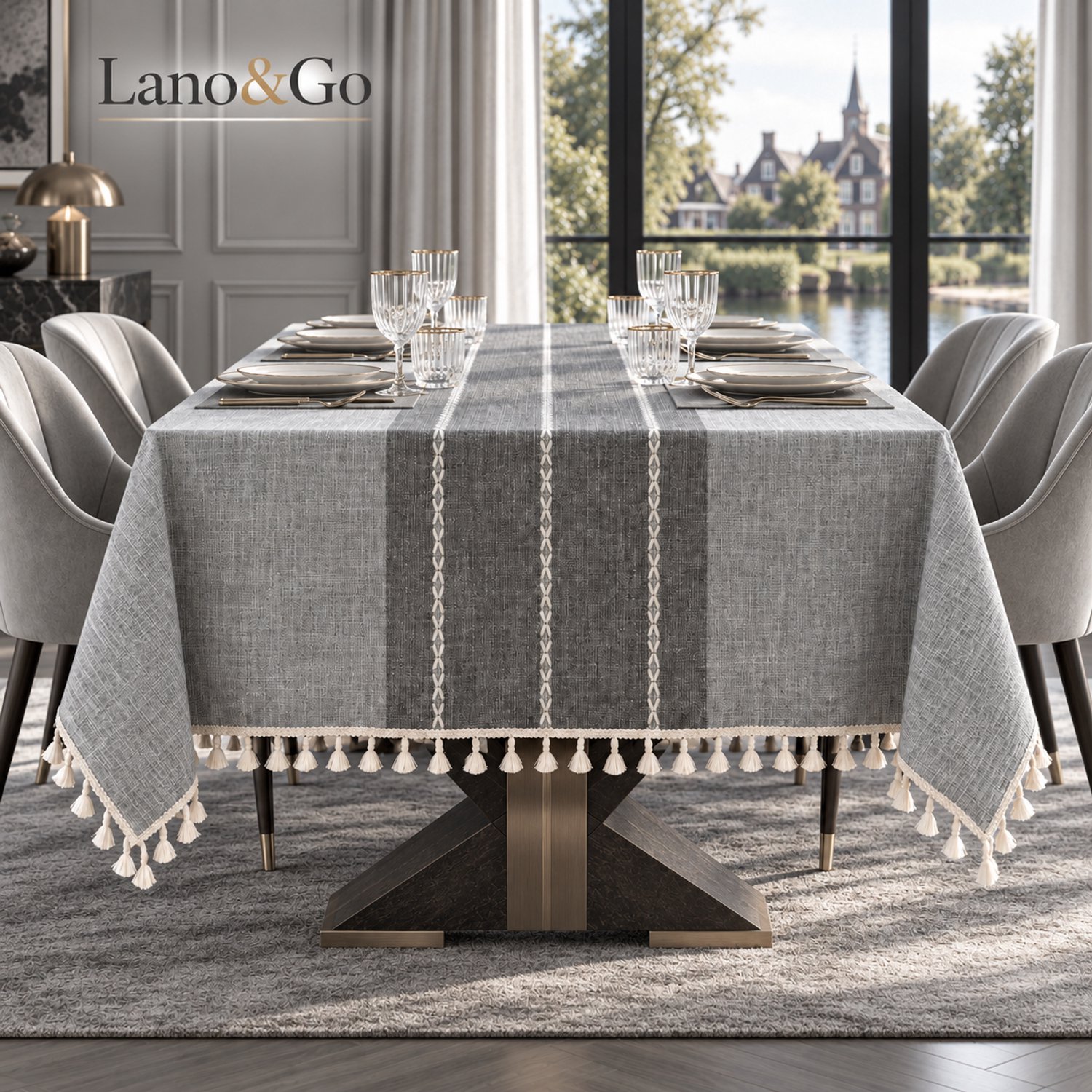 Lano&Go Tafelkleed Katoen Linnen Modern Streep met Kwastjes, Stof Tafelkleed Waterdichte Keuken Decoraties Wasbaar Keukentafel Cover Voor Eettafel (Grijze strepen, Rechthoekig/Ovaal, 6-8 zitplaatsen)