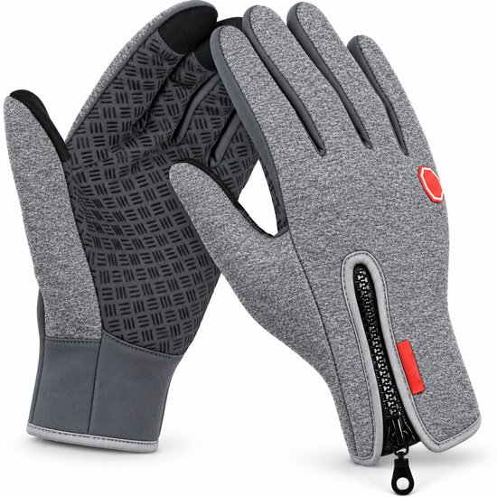 Grijze handschoenen met rits, siliconen antislip en rode accenten op de pols.