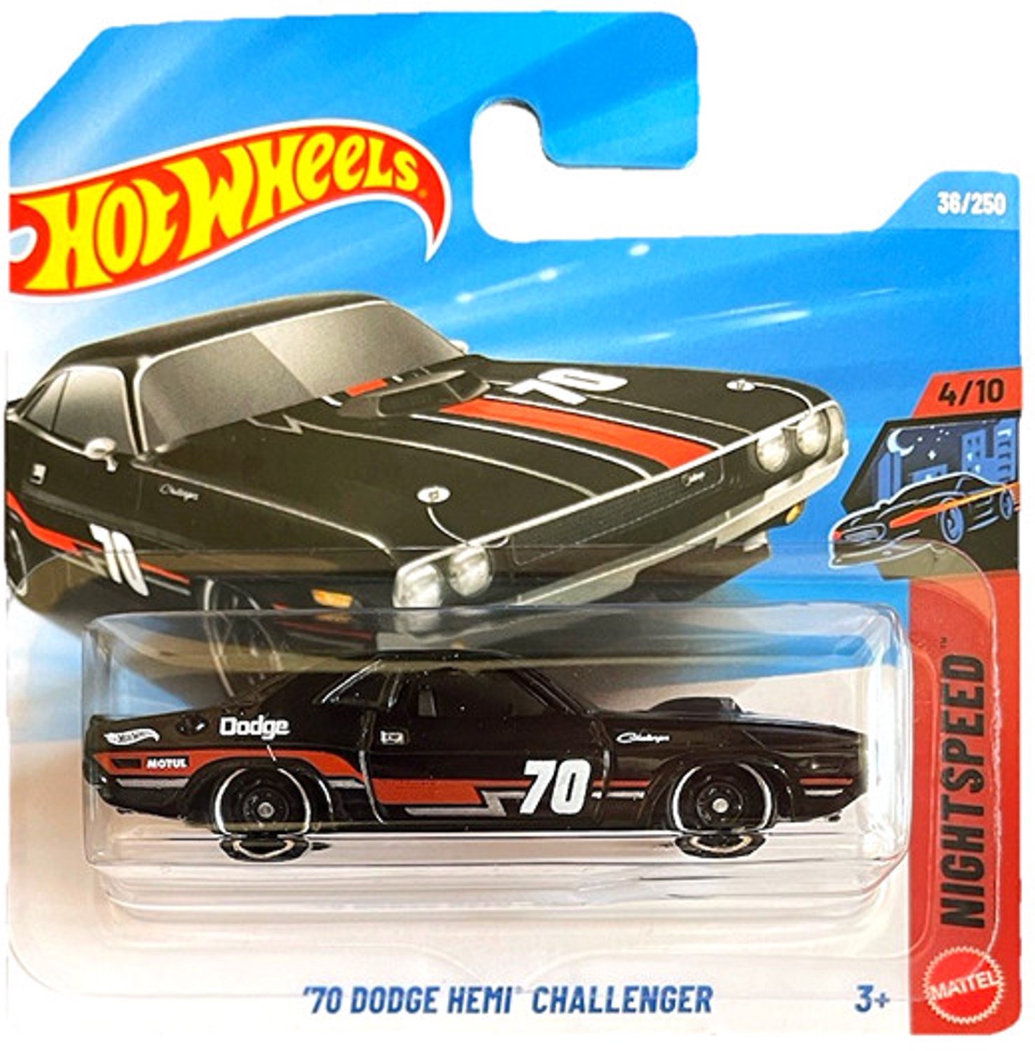 HOT WHEELS '70 DODGE HEMI CHALLENGER 70 BLACK/RED 36/250 HW NIGHTSPEED 4/10 SHORT CARD 2026