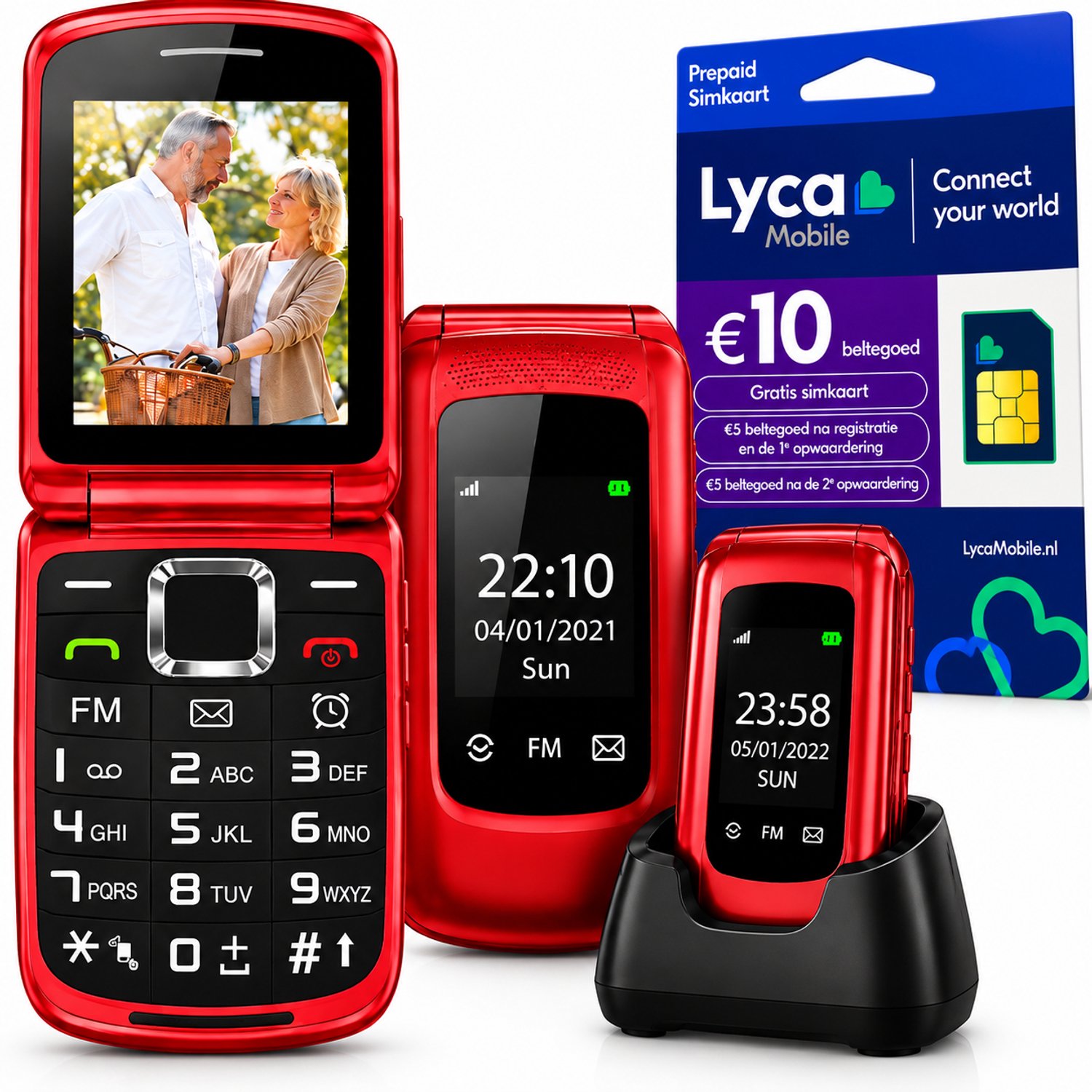 Senioren Mobiele Telefoon + INCLUSIEF Simkaart - 4G - Senioren SOS GSM + Oplaadstation - Simlockvrij - Grote Toetsen - Big Button - Rood