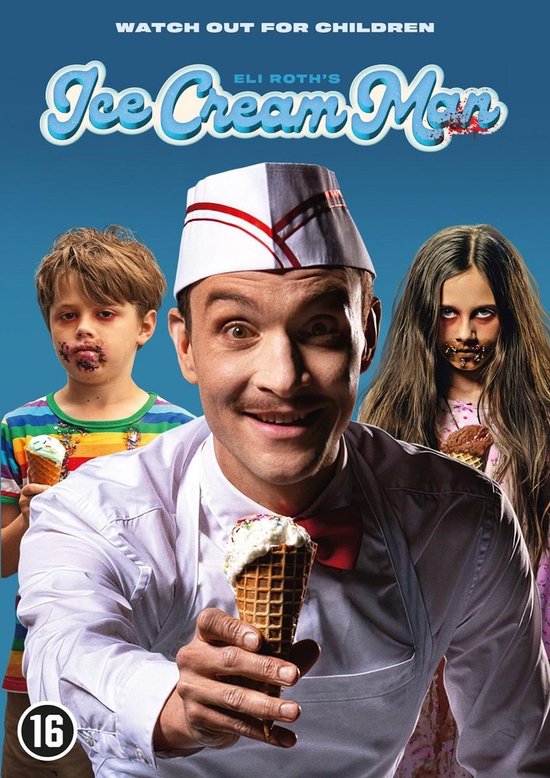 Filmposter van Ice Cream Man met een lachende ijsverkoper en twee kinderen met ijsjes, inclusief 16+ label.