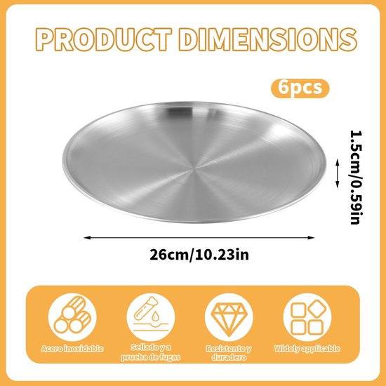 6 stuks roestvrijstalen borden 26 cm, campingservies, BPA-vrij, verdikt, onbreekbaar, 304 metalen plaat, stalen plaat, campingserviesset voor 6 personen, ronde schotels, picknick, keuken, party — afbeelding 2